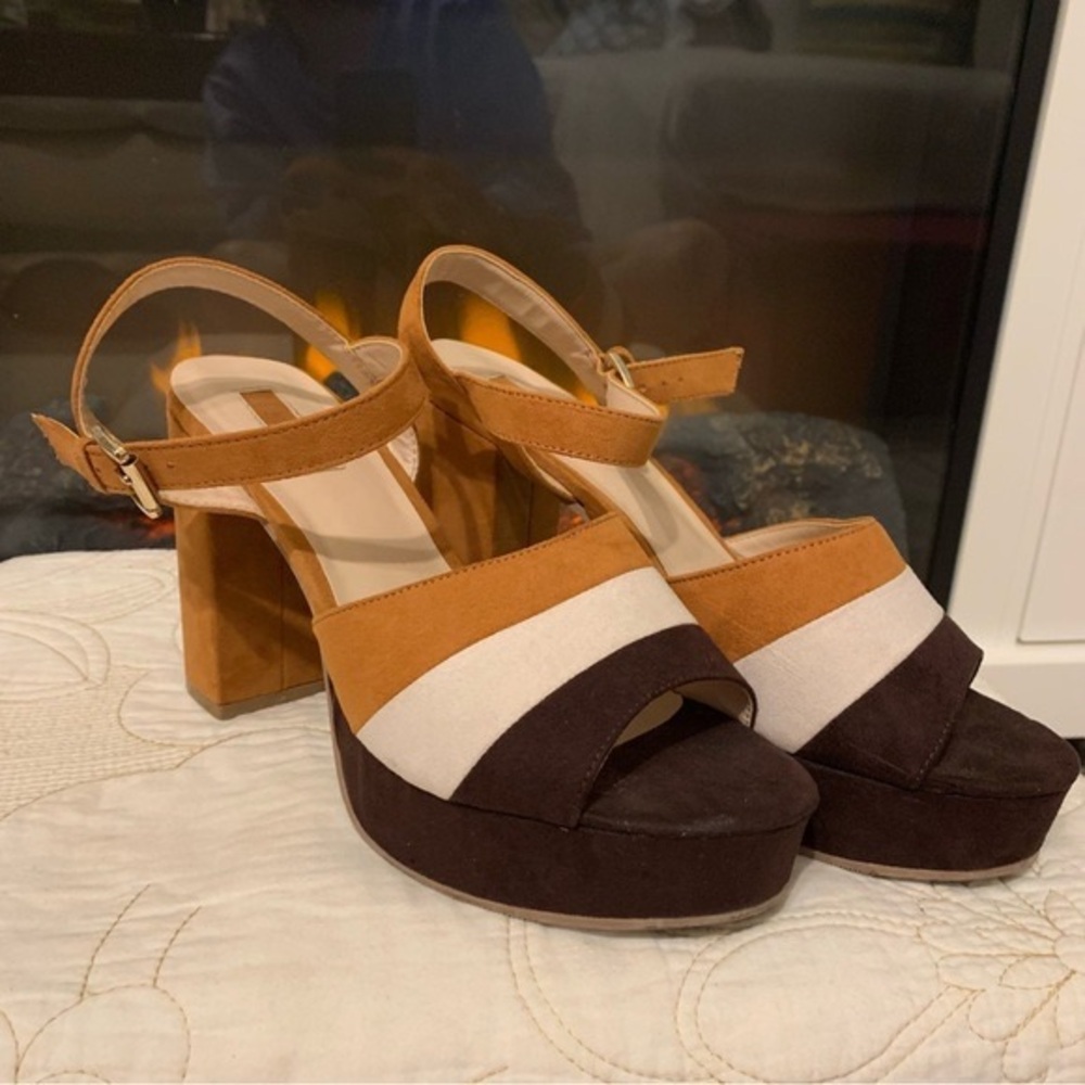 Tri-Tone Platform Block Heel Sandals — Brown, Tan & Cream
